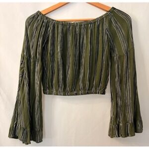 Altar'd State Olive Green Black‎ Striped Bell Sleeve Crop Top XS Off Shoulder